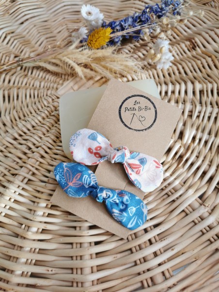 Barrettes Noeuds Fleurs Rose et Bleues